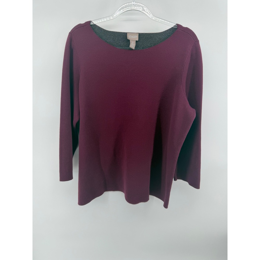 Chicos Womens Maroon Boat Neck 3/4 Sleeve Knit Top Size 3